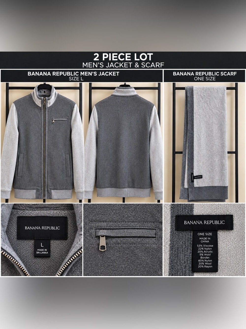 Banana Republic Men’s L Gray Mixed Media Full Zip Jacket + Scarf 2 Pc Lot
